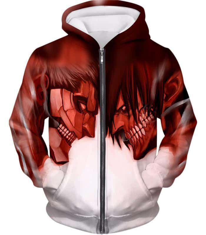 Attack On Titan Cool Armoured Titan Vs Eren Yeager White Printed Zip Up Hoodie  - Anime Hoodie