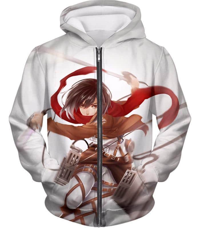 Attack On Titan Cute Mikasa Ackerman White Zip Up Hoodie