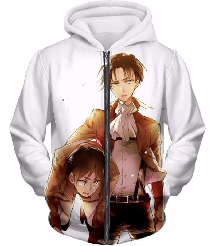 Attack On Titan Hoodie - Attack On Titan Captain Levi X Eren Yeager Cool Anime Promo White Zip Up Hoodie - Zip Up Hoodie
