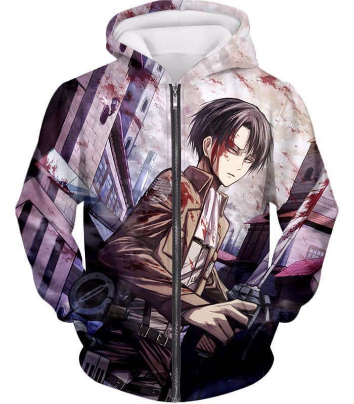 Attack On Titan Hoodie - Attack On Titan Covered With Blood Ultimate Hero Levi Ackerman Anime Action Zip Up Hoodie