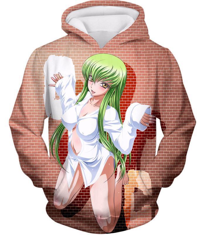 Code Geass Green Haired Anime Beauty C.C Promo Cool Brick Patterned Hoodie