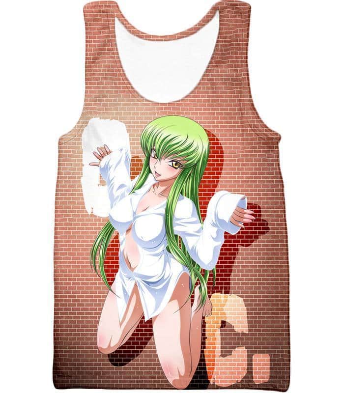 Code Geass Green Haired Anime Beauty C.C Promo Cool Brick Patterned Zip Up Hoodie - Tank Top