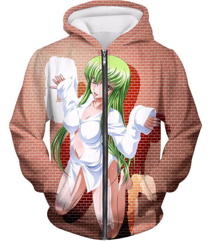 Code Geass Green Haired Anime Beauty C.C Promo Cool Brick Patterned Zip Up Hoodie