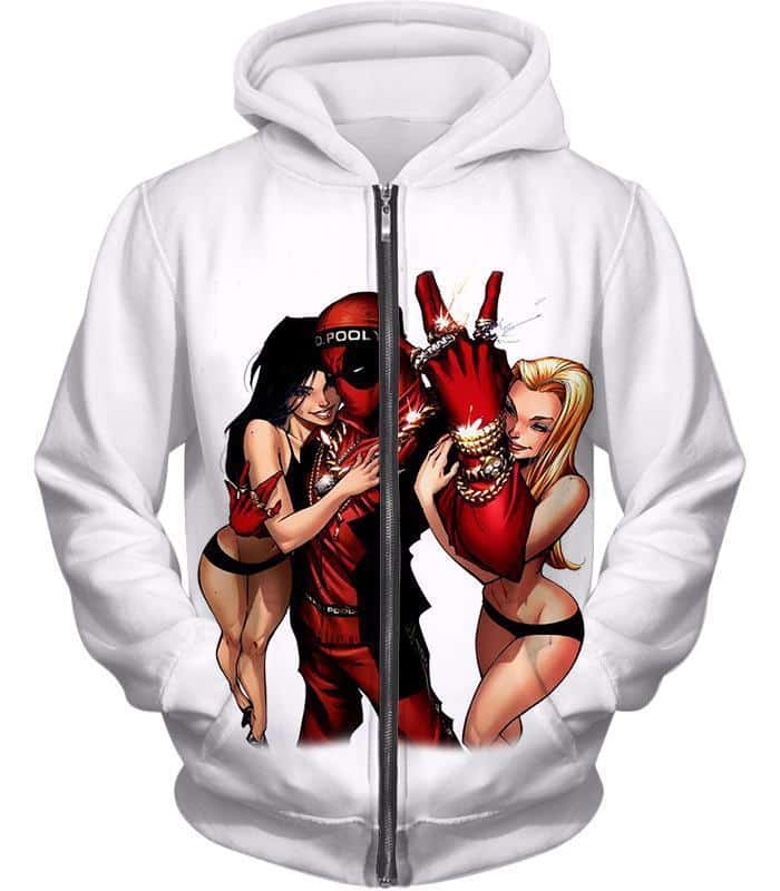 Dead Pool Zip Up Hoodie - Playboy Hero Deadpool White Zip Up Hoodie