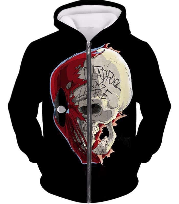 Deadpool Zip Up Hoodie - Deadpool Skull Graphic Black Zip Up Hoodie