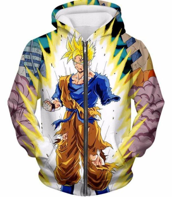 Dragon Ball Super One Handed Goku Super Saiyan Action Graphic Hoodie - Zip Up Hoodie