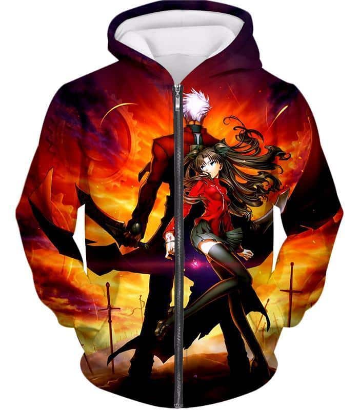 Fate Stay Night Cool Rin Tohsaka And Archer Action Zip Up Hoodie