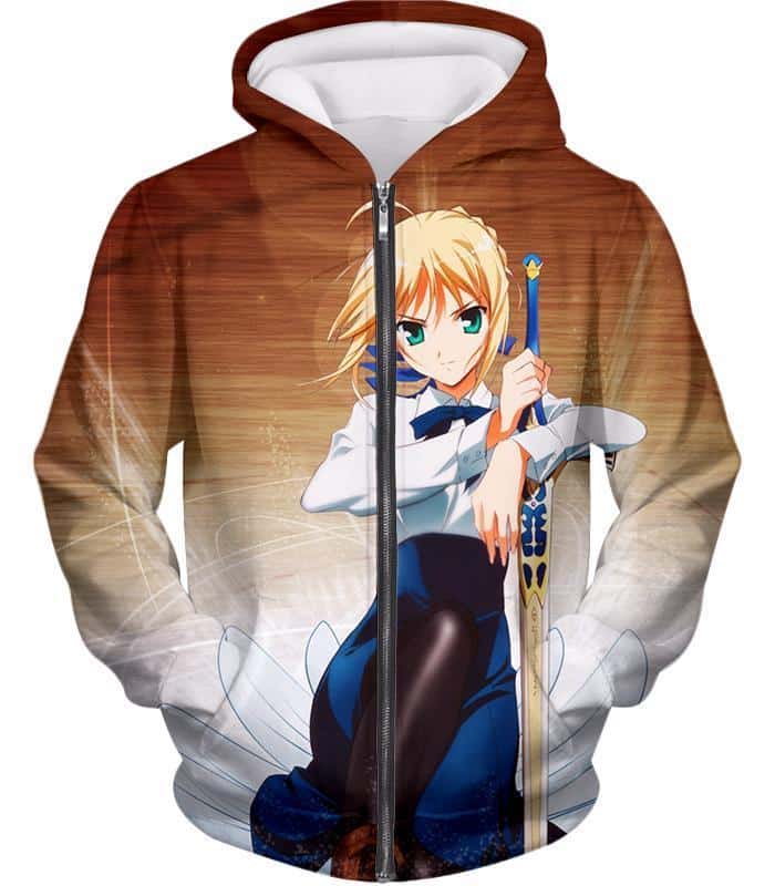 Fate Stay Night Cute Saber Altria Pendragon Action Pose Zip Up Hoodie - Zip Up Hoodie