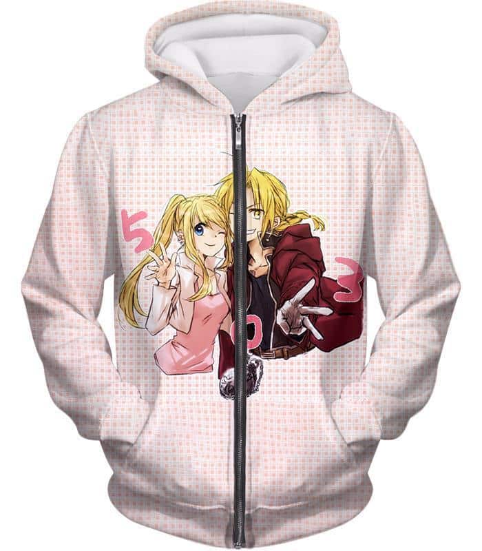 Fullmetal Alchemist Beautiful Anime Couple Edward Elrich X Winry Rockbell Promo White Zip Up Hoodie - Zip Up Hoodie