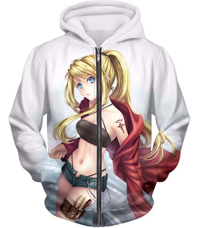Fullmetal Alchemist Blonde Haired Anime Girl Winry Rockbell The Automation Geek Cool White Zip Up Hoodie - Zip Up Hoodie