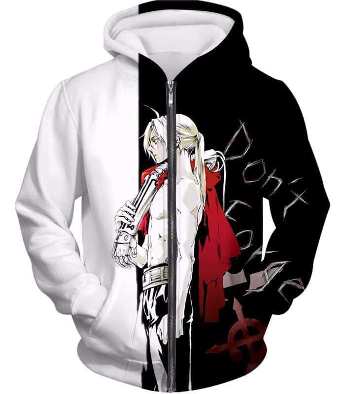 Fullmetal Alchemist Cool Alchemist Edward Elrich Black And White Anime Zip Up Hoodie