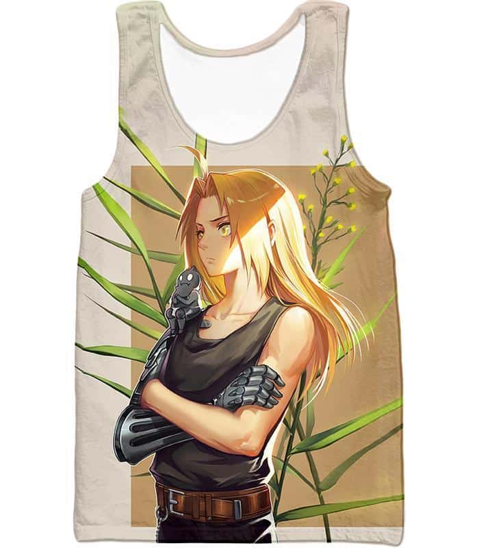 Fullmetal Alchemist Long Blonde Haired Anime Hero Edward Elrich Cool Pose Grey Zip Up Hoodie - Tank Top