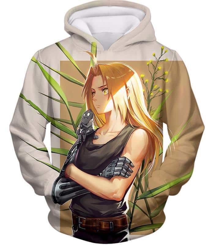 Fullmetal Alchemist Long Blonde Haired Anime Hero Edward Elrich Cool Pose Grey Hoodie