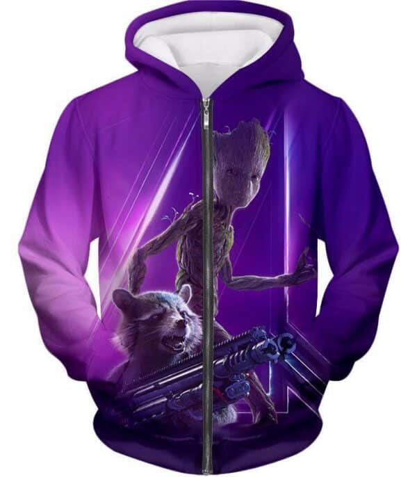 Super Kid Groot And Rocket Purple Zip Up Hoodie