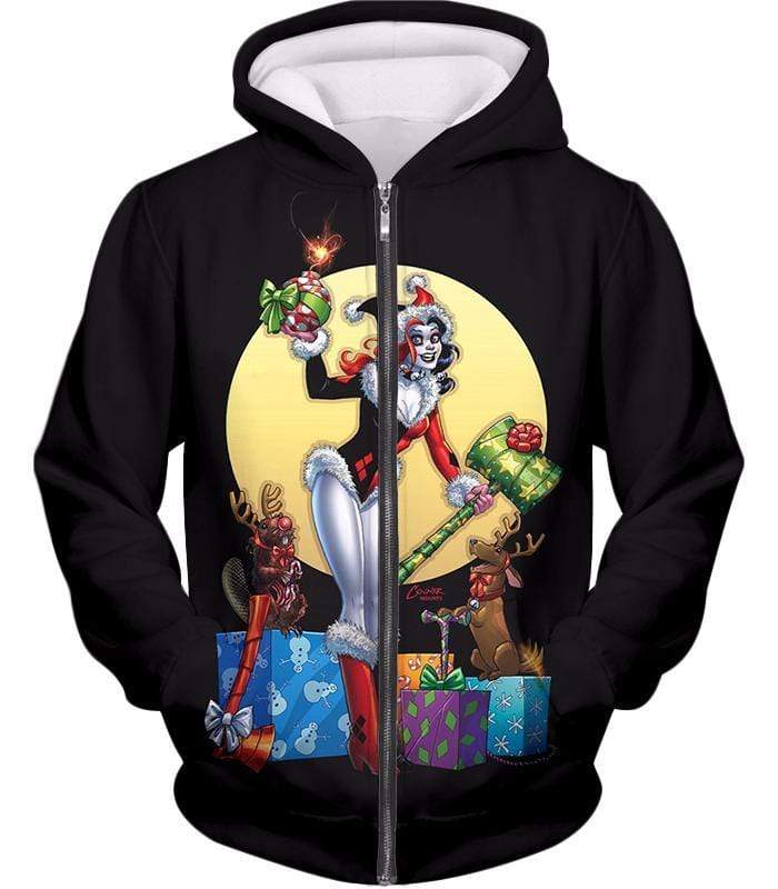 DCs Ultimate Villain Harley Quinn Christmas Promo Cool Black Zip Up Hoodie - Zip Up Hoodie