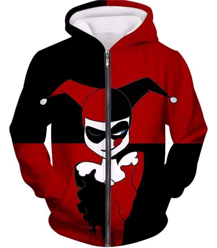 The Animated Villain Harley Quinn Promo Red And Black Zip Up Hoodie - Zip Up Hoodie