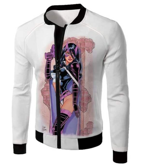 Extremely Hot DC Heroine Huntress Cool Action White Zip Up Hoodie - Jacket