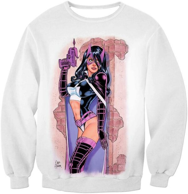 Extremely Hot DC Heroine Huntress Cool Action White Zip Up Hoodie - Sweatshirt