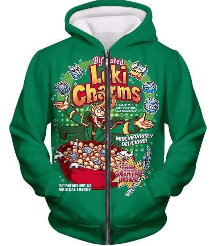 Funny Lokis Cornflakes Advertisement Green Zip Up Hoodie