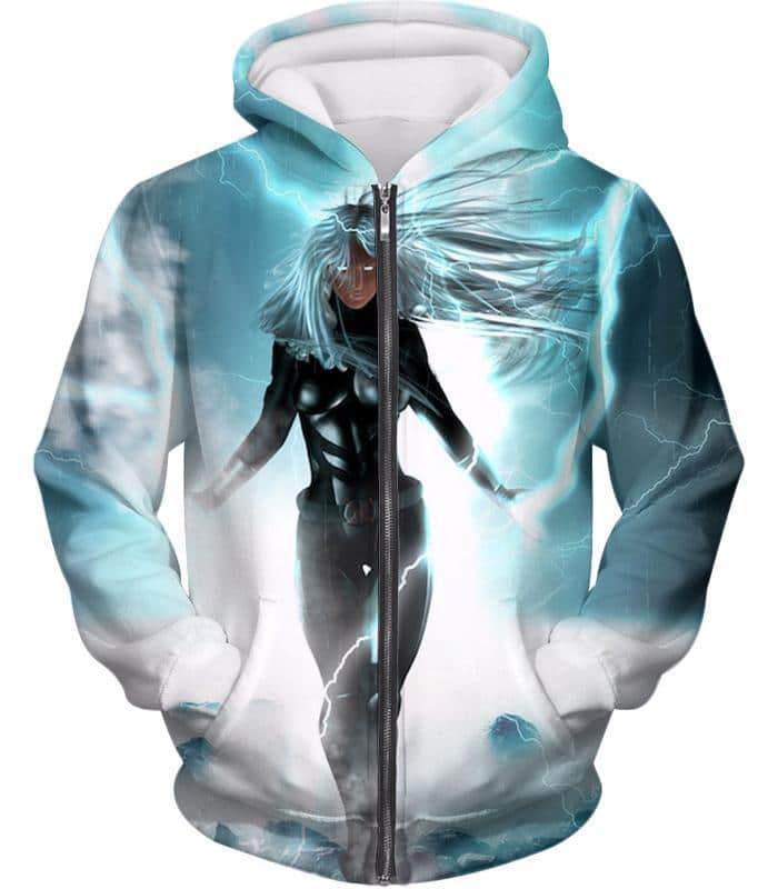 Hot White Haired Animated Storm White Zip Up Hoodie
