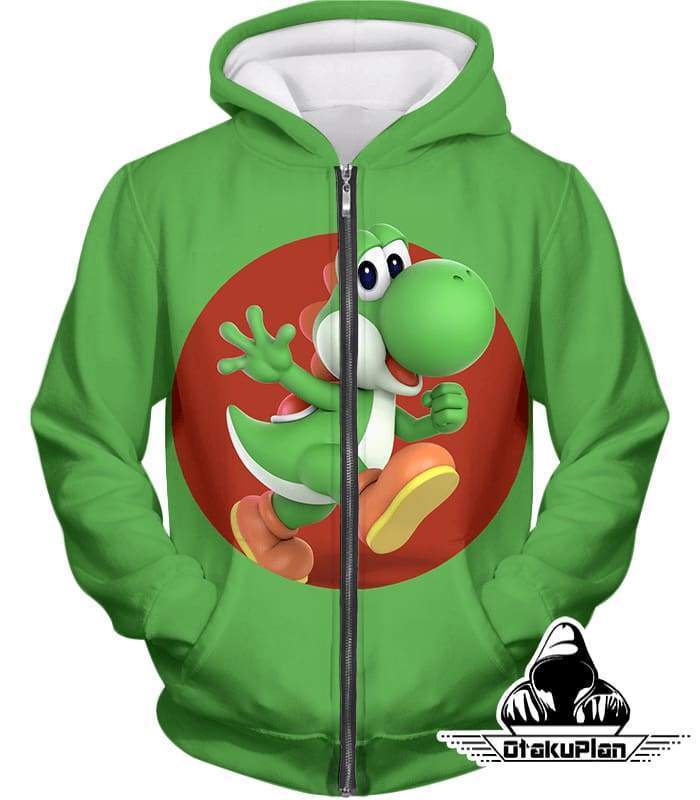 Super Cool Marios Dino Friend Yoshi Promo Green Zip Up Hoodie - Zip Up Hoodie