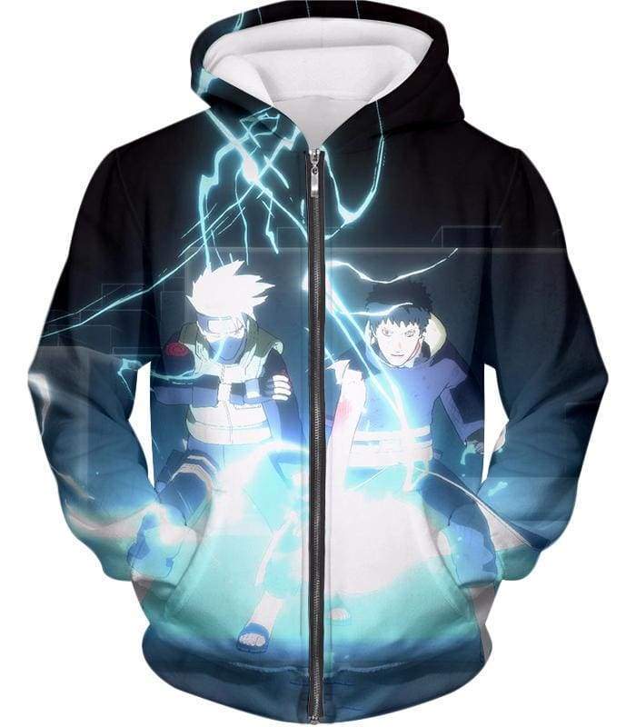 Boruto Best Teammates Hatake Kakashi And Obito Uchiha Black Action Zip Up Hoodie - Zip Up Hoodie