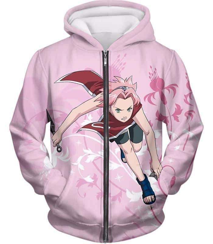 Boruto Cute Pink Haired Ninja Haruno Sakura Action Pink Zip Up Hoodie - Zip Up Hoodie