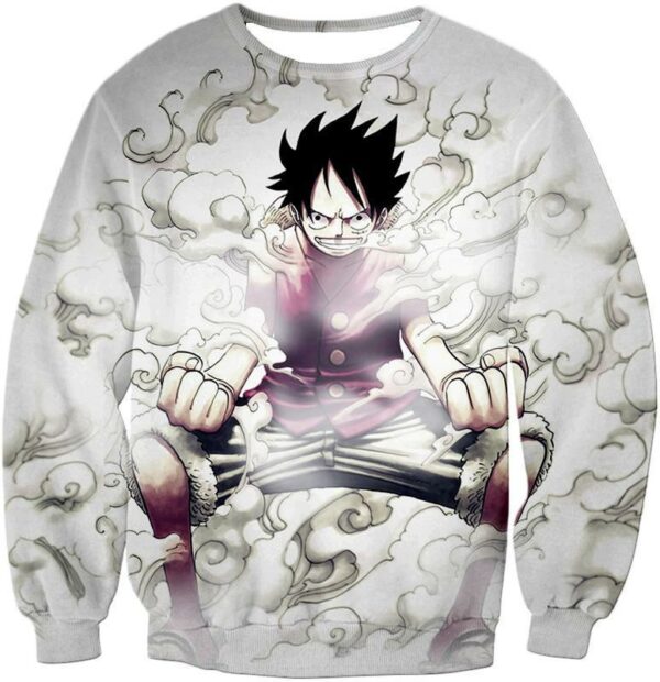 One Piece Zip Up Hoodie - One Piece Pirate Hero Monkey D Luffy Action White Zip Up Hoodie - Sweatshirt