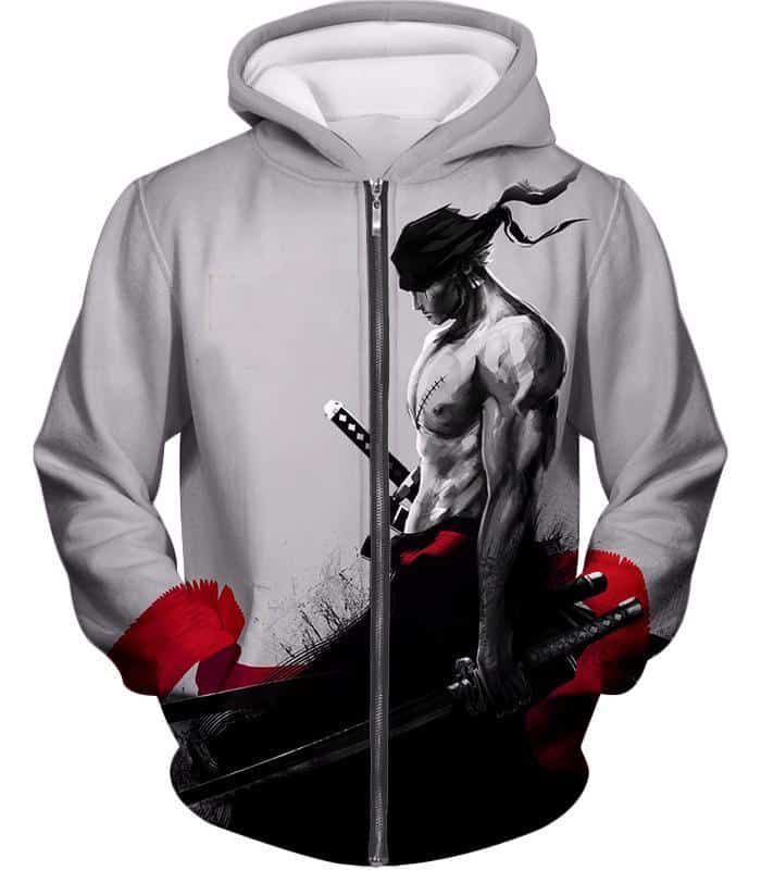 One Piece Zip Up Hoodie - One Piece Straw Hats Swordsman Bounty Hunter Zoro White Zip Up Hoodie