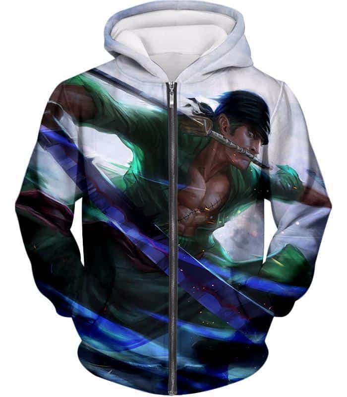 One Piece Zip Up Hoodie - One Piece Swordsman Roronoa Zoro Action White Zip Up Hoodie