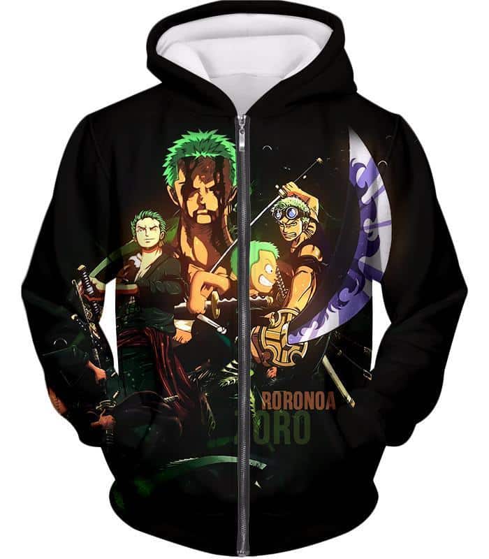 One Piece Zip Up Hoodie - One Piece Swordsman Roronoa Zoro Promo Black Zip Up Hoodie