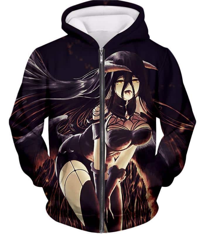 Overlord Super Sexy Albedo The White Devil Anime Graphic Action Promo Zip Up Hoodie - Zip Up Hoodie