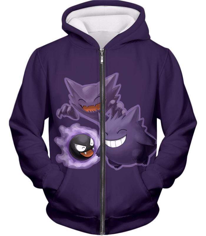 Pokemon Ghost Pokemon Trio Ghastly Hunter And Gengar Cool Anime Zip Up Hoodie  - Pokemon Zip Up Hoodie