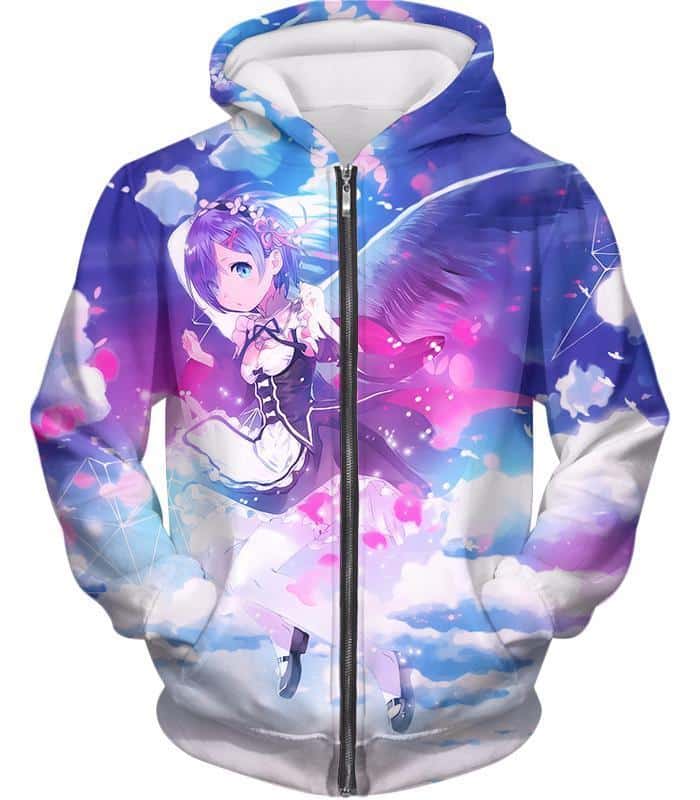 Re:Zero Cute Blue Hair Flying Anime Maid Rem Action Zip Up Hoodie - Zip Up Hoodie