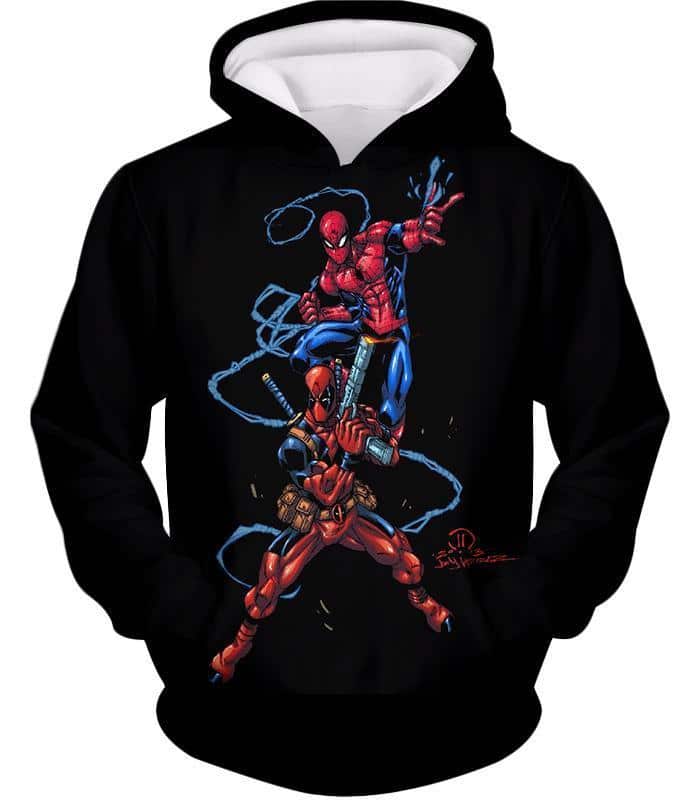 Super Cool Spiderman And Deadpool Action Black Hoodie - Hoodie