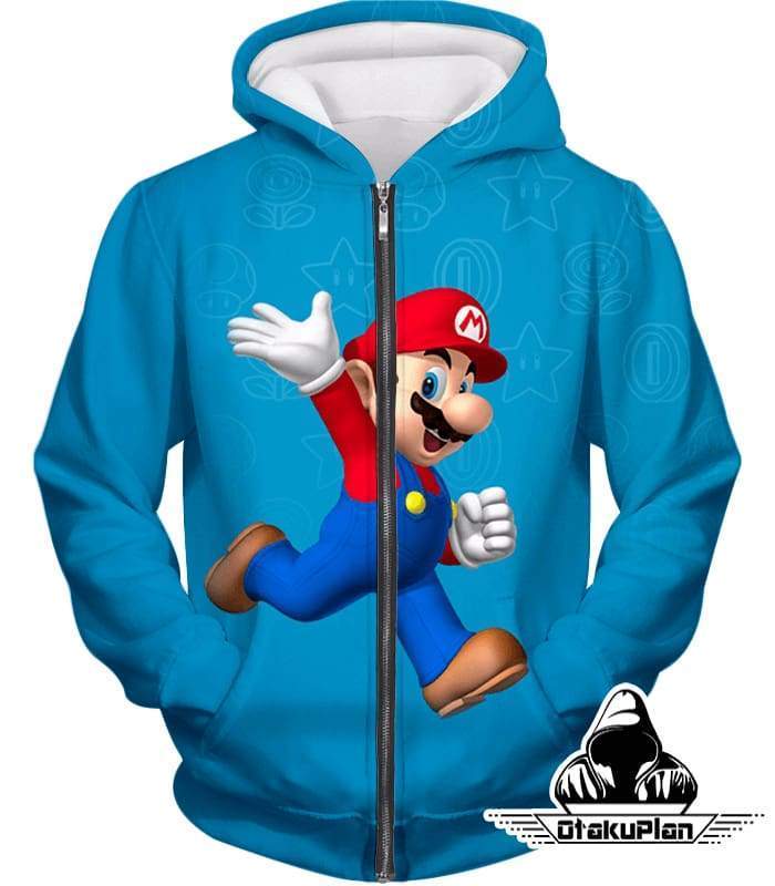 Super Cool Game Hero Mario Cool Promo Blue Zip Up Hoodie - Zip Up Hoodie