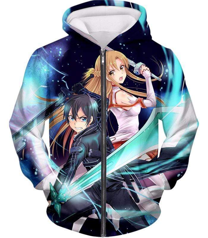 Sword Art Online Anime Couple Kirito And Asuna Ultimate Action Graphic Promo Zip Up Hoodie - Sword Art Online Zip Up Hoodie