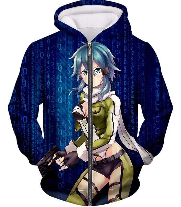 Sword Art Online Cool Anime Promo Asada Shino Action Black Graphic Zip Up Hoodie - Sword Art Online Zip Up Hoodie - Zip Up Hoodie