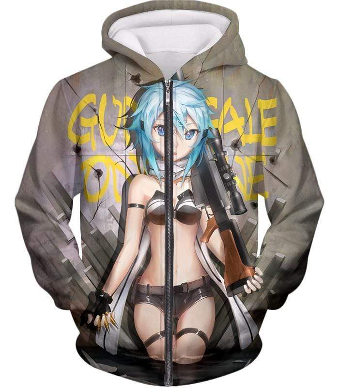 Sword Art Online Cool Gun Gale Online Promo Girl Asada Shino Cool Grey Anime Zip Up Hoodie - Sword Art Online Zip Up Hoodie - Zip Up Hoodie